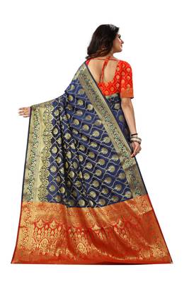 Navy Blue Woven Jacquard Saree With Blouse 3