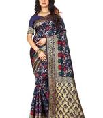 Navy Blue Woven Silk Saree With Blouse