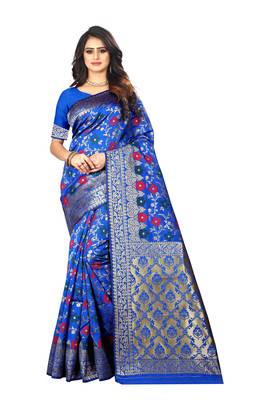 Dark Blue Woven Silk Saree With Blouse 1