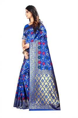 Dark Blue Woven Silk Saree With Blouse 2