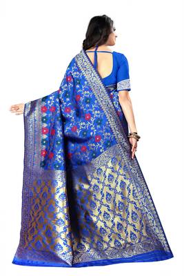 Dark Blue Woven Silk Saree With Blouse 3