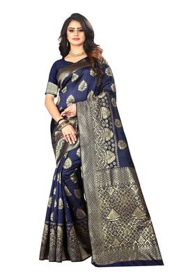 Navy Blue Woven Silk Saree With Blouse 1