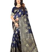 Navy Blue Woven Silk Saree With Blouse
