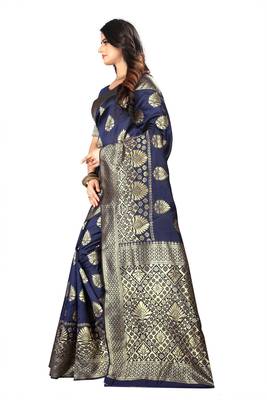 Navy Blue Woven Silk Saree With Blouse 2