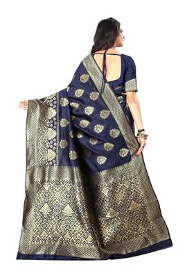 Navy Blue Woven Silk Saree With Blouse 3