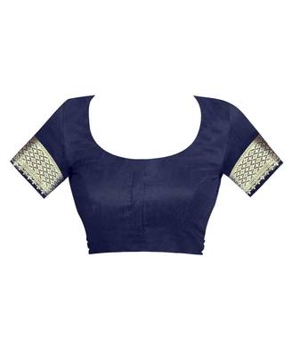 Navy Blue Woven Silk Saree With Blouse 4