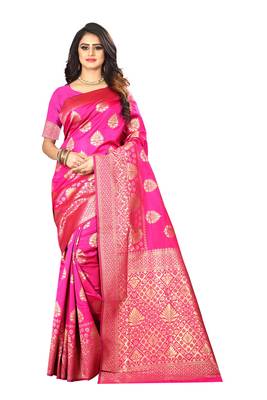Rani Pink Woven Silk Saree With Blouse 1