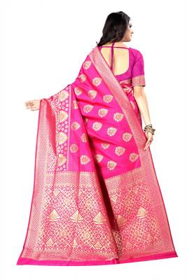 Rani Pink Woven Silk Saree With Blouse 3