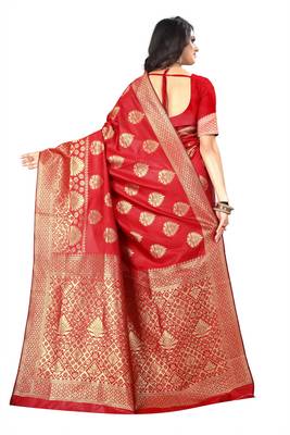 Red Woven Silk Saree With Blouse 3