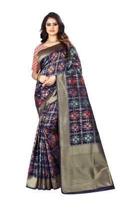 Navy Blue Woven Silk Saree With Blouse 1