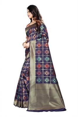 Navy Blue Woven Silk Saree With Blouse 2