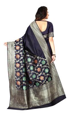 Navy Blue Woven Silk Saree With Blouse 3