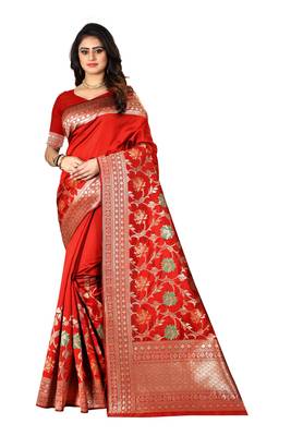 Red Woven Silk Saree With Blouse 1