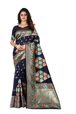Navy Blue Woven Silk Saree With Blouse 1