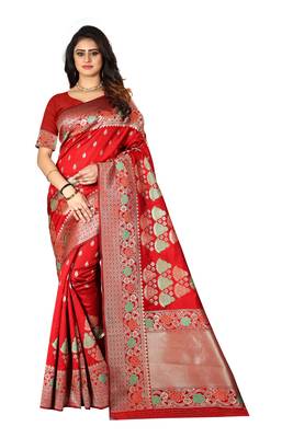 Red Woven Silk Saree With Blouse 1