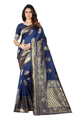 Navy Blue Woven Silk Saree With Blouse 1