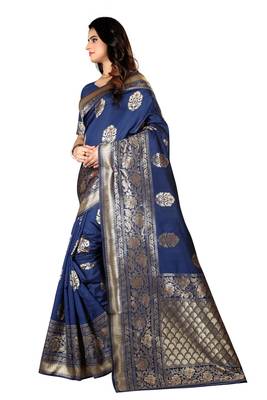 Navy Blue Woven Silk Saree With Blouse 2