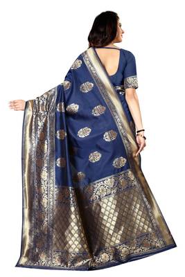 Navy Blue Woven Silk Saree With Blouse 3