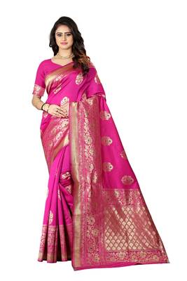 Rani Pink Woven Silk Saree With Blouse 1
