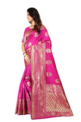 Rani Pink Woven Silk Saree With Blouse 2
