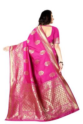 Rani Pink Woven Silk Saree With Blouse 3