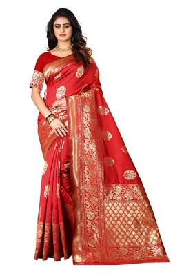 Red Woven Silk Saree With Blouse 1