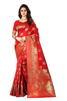 Red Woven Silk Saree With Blouse 1