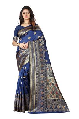 Navy Blue Woven Silk Saree With Blouse 1