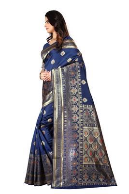 Navy Blue Woven Silk Saree With Blouse 2