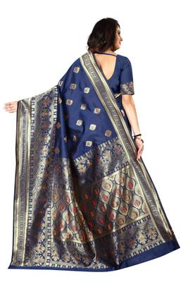 Navy Blue Woven Silk Saree With Blouse 3