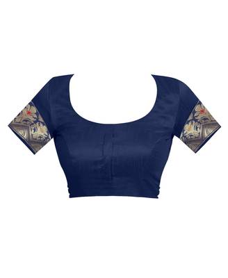 Navy Blue Woven Silk Saree With Blouse 4