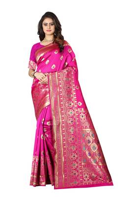 Rani Pink Woven Silk Saree With Blouse 1