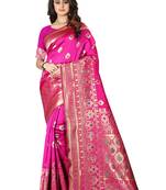 Rani Pink Woven Silk Saree With Blouse
