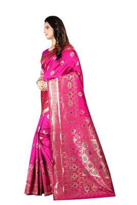 Rani Pink Woven Silk Saree With Blouse 2