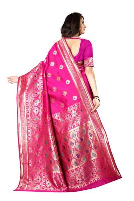 Rani Pink Woven Silk Saree With Blouse 3
