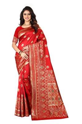 Red Woven Silk Saree With Blouse 1