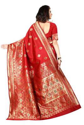 Red Woven Silk Saree With Blouse 3