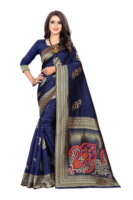 Navy Blue Woven Silk Saree With Blouse 1