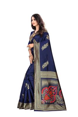 Navy Blue Woven Silk Saree With Blouse 2
