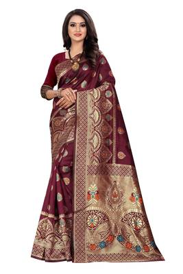 Maroon Woven Silk Saree With Blouse 1