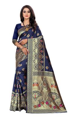 Navy Blue Woven Silk Saree With Blouse 1