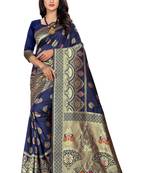 Navy Blue Woven Silk Saree With Blouse