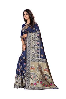 Navy Blue Woven Silk Saree With Blouse 2