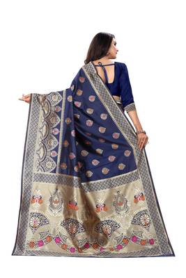 Navy Blue Woven Silk Saree With Blouse 3