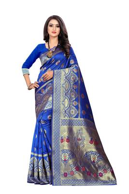 Royal Blue Woven Silk Saree With Blouse 1