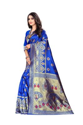 Royal Blue Woven Silk Saree With Blouse 2