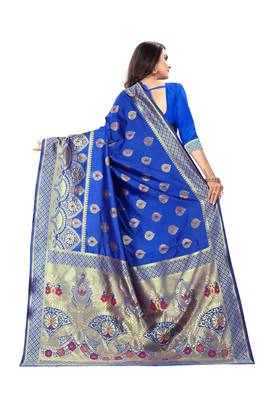 Royal Blue Woven Silk Saree With Blouse 3
