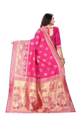 Rani Pink Woven Silk Saree With Blouse 3