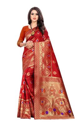Red Woven Silk Saree With Blouse 1