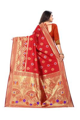 Red Woven Silk Saree With Blouse 3